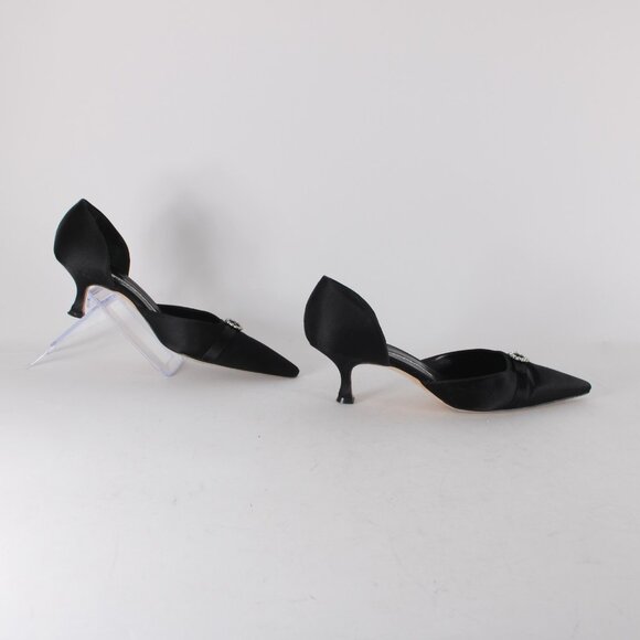 Manolo Blahnik Heels Floran Sz 38 Black Rhinestones Satin Leather Kitten 1.5" - Picture 8 of 13
